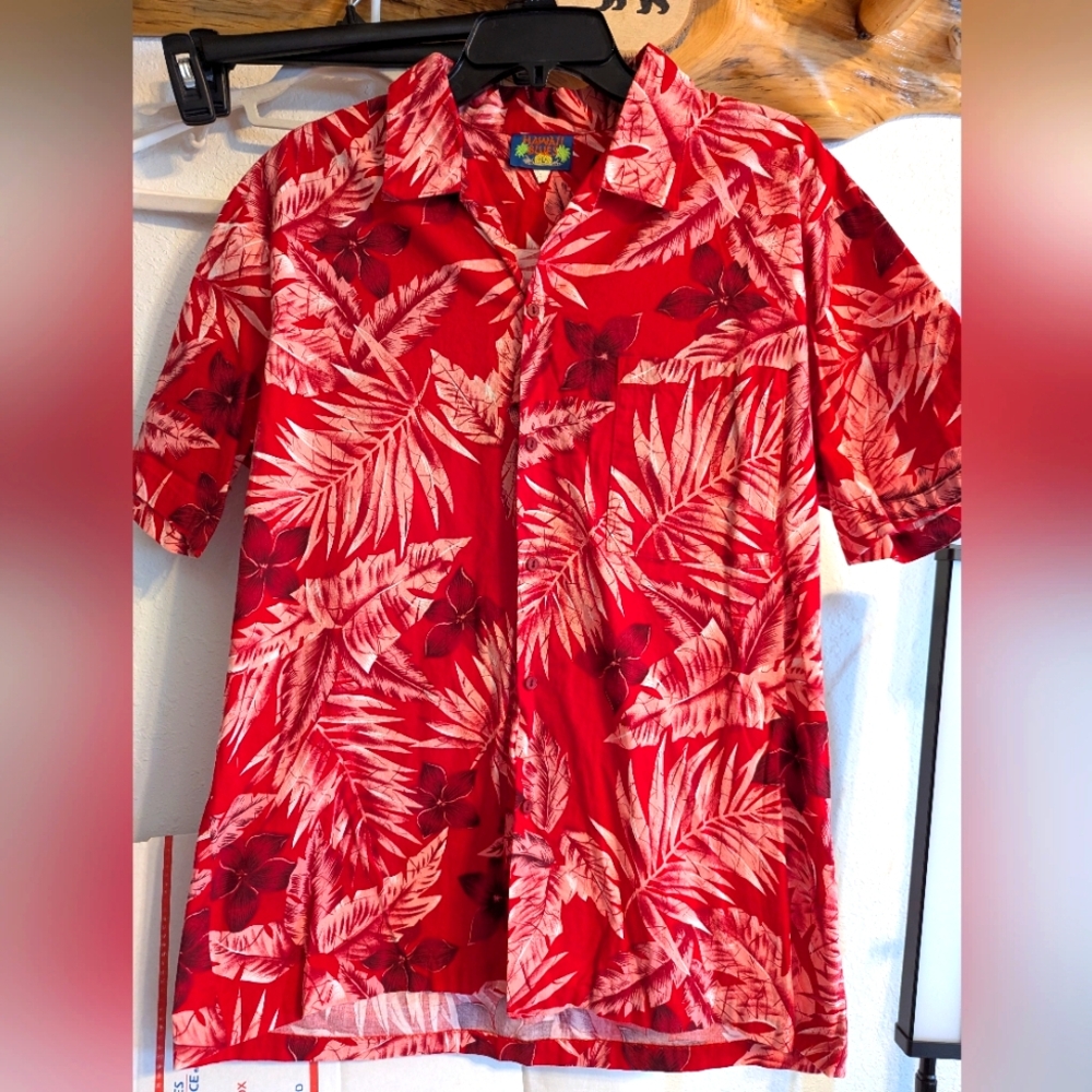 Vintage Hawaii Blues Mens Tropical Floral Print Short Sleeve Button Up Size L